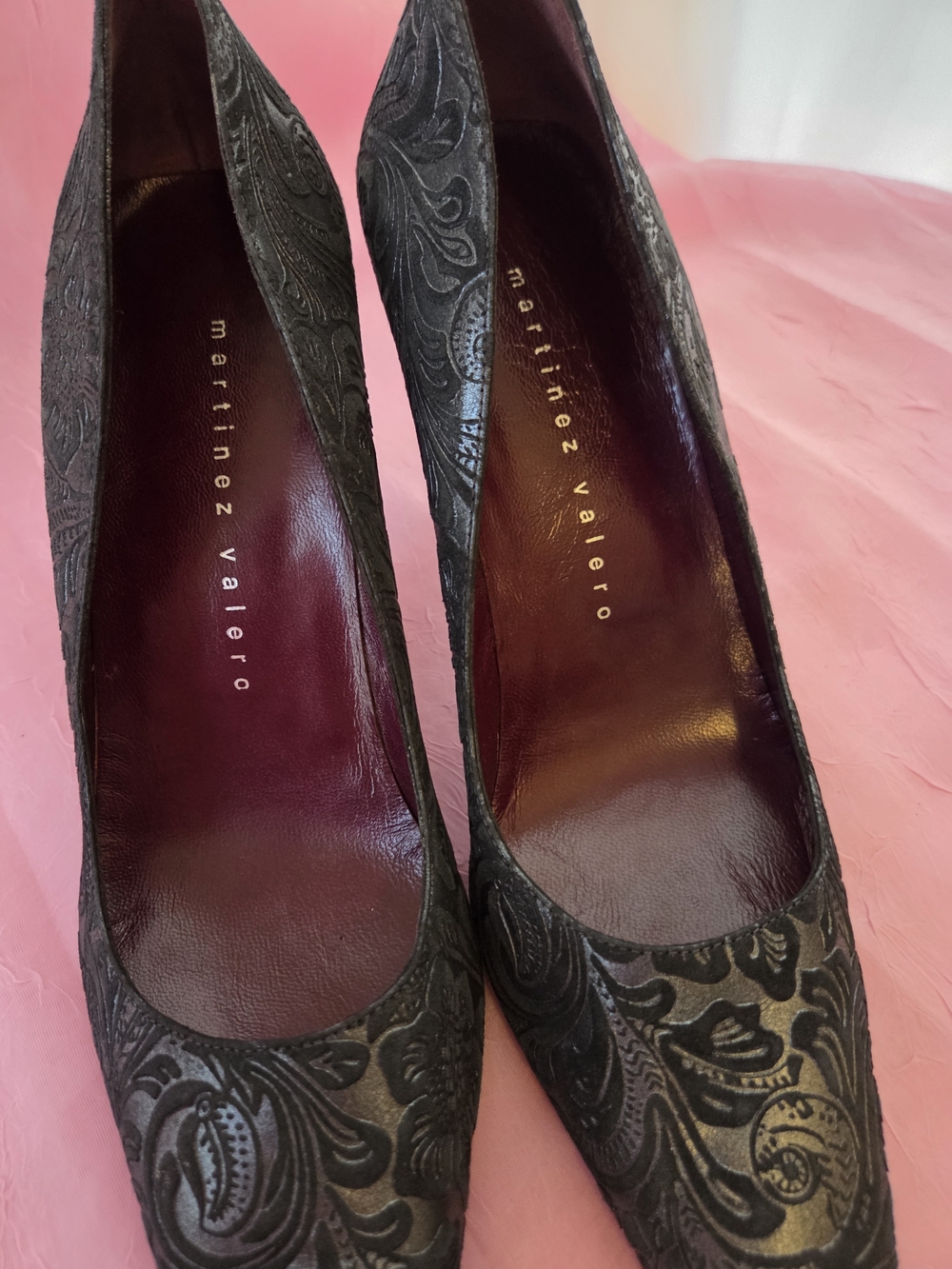 Martinez Valero Black & Grey Velvet Paisley Embossed Pumps Heels Made In Spain 9 - Picture 15 of 16